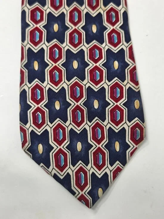 Vintage 100% Silk Necktie Blue Burgundy Geometric Hexagon Pattern Mens Tie