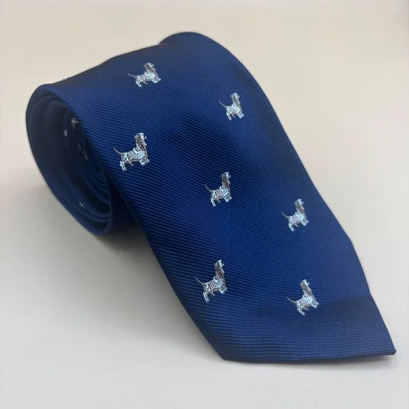 J.Crew Necktie Mens OS Navy Blue Excellent Preppy Basset Hound Silk Dog Tie
