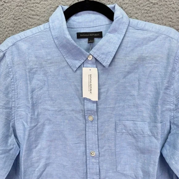 Banana Republic Shirt Mens L Blue Linen Blend Preppy Office Business Beach Light