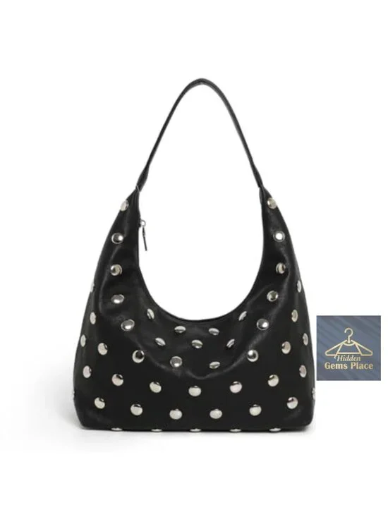 Studded Hobo Bag Vegan Leather Shoulder Handbag Slouchy Tote Purse