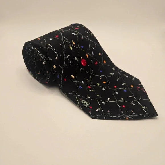 Vintage 1995 Nicole Miller Christmas Lights Tie Black Holiday Novelty  (A1)