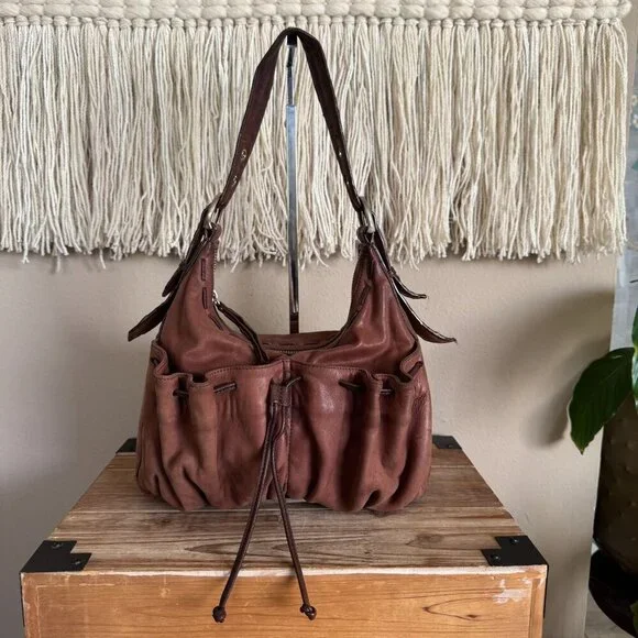Junior Drake Brown Lambskin Leather Gathered‎ Pocket Squishy Hobo Shoulder Bag
