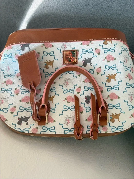 Dooney & Bourke White Satchel with Brown Trim and Pink Accents
