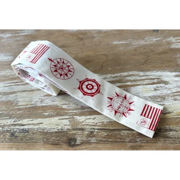 Vintage men's necktie Rooster square end nautical rose compass wheel sun flag