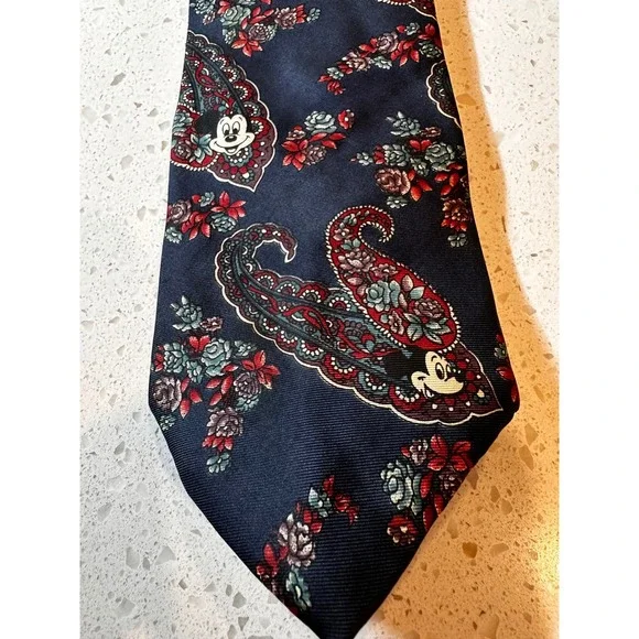 Vintage Walt Disney Mickey Mouse Paisley Silk Tie Navy Blue Floral Made in USA