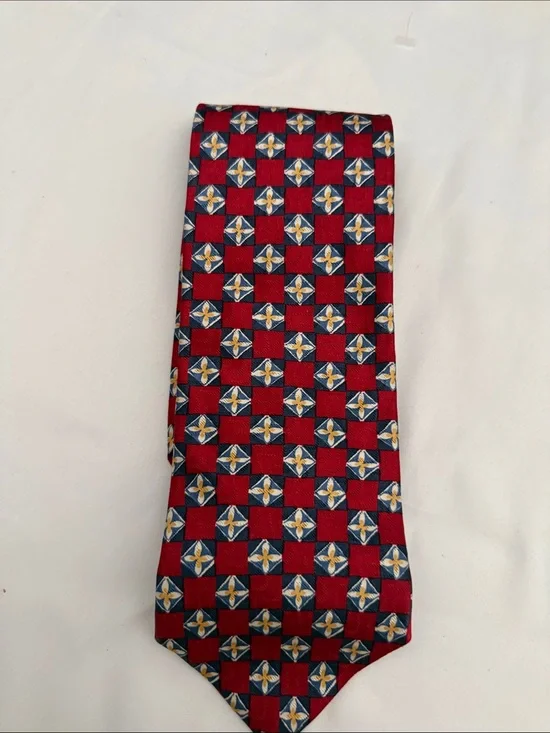 Nordstrom Red Checkered Silk Tie with Blue and Gold Motif