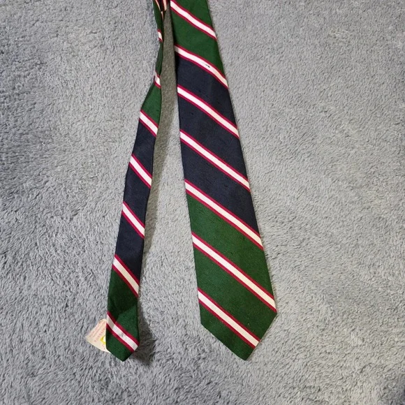 Rooster Mens OS Necktie Green Navy White Red Striped Repp Silk Blend Vintage USA