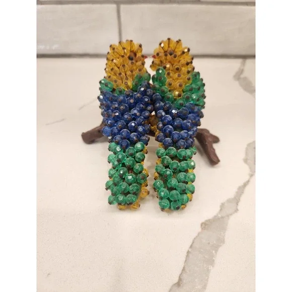 Vintage Pair Of Yellow Green‎ Blue Parrots Birds Sitting On A Plastic Log Perch