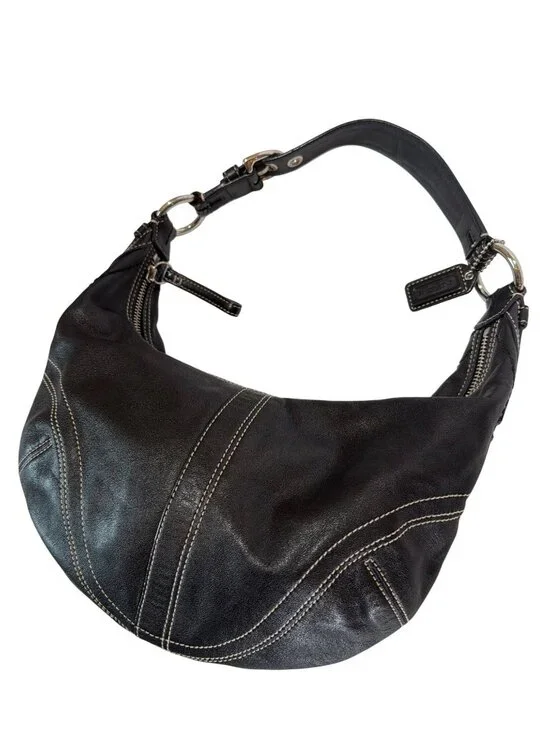 Coach Vintage Y2K Black Leather Soho Hobo Crescent Bag With White Contrast Stitc