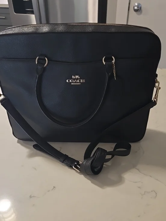 Coach Black Leather Laptop Tote with Removable Crossbody Strap
