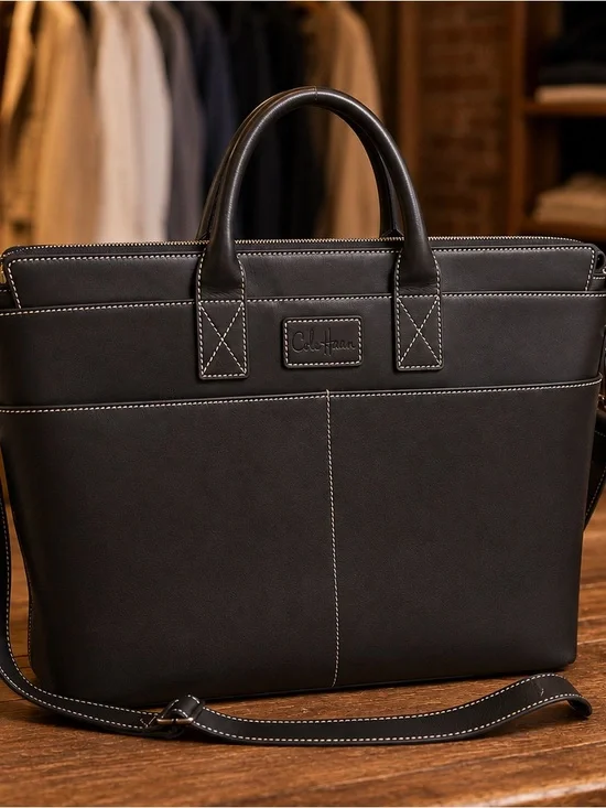 Beautiful Cole Haan Chocolate Brown Leather Briefcase with Contrast Stitching