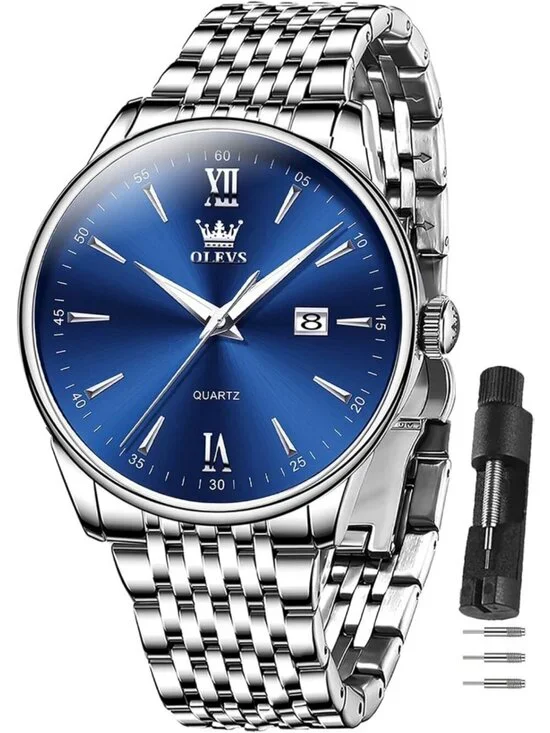 Men's Blue Silver Stainless Steel Band Waterproof Roman Numbers Classic Watch