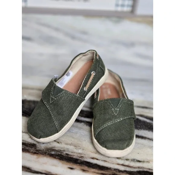 TOMS Kids Bimini Olive Green Canvas Slip On Boat Shoes‎ Hook Loop Size 10