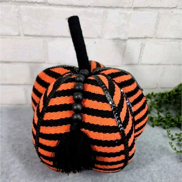 Halloween Plush Pumpkin Striped Fabric Sequin Wood‎ Bead Tassel Orange Black
