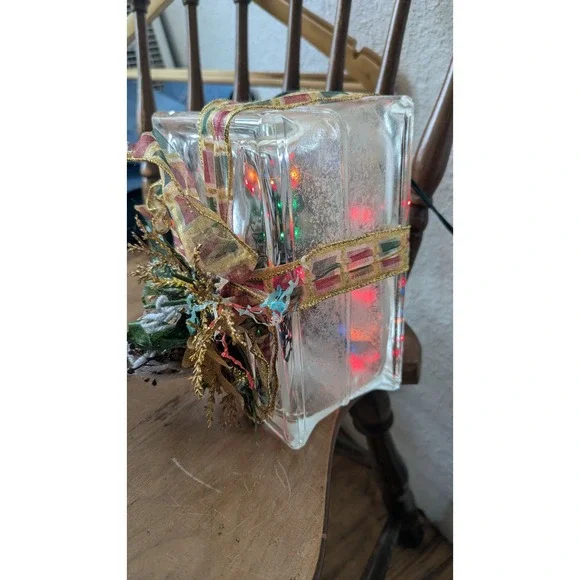 Lighted Frosted Glass Block Christmas Present Decor Multi-Color Lights Plaid Bow