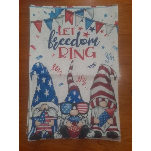 NEW 1pc Double Sided Let Freedom Ring 4th Of July 3 Gnomes Garden‎ Flag 12x18