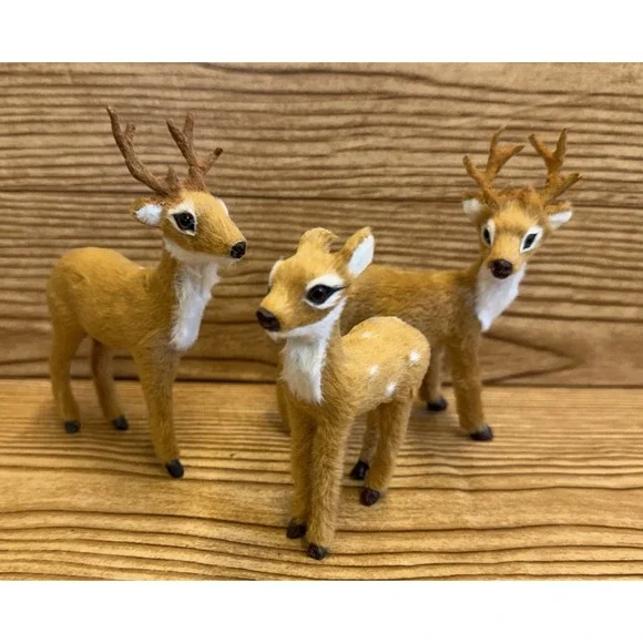 Lot of 3 Flocked Deer Family Buck Doe Fawn Reindeer Set Village