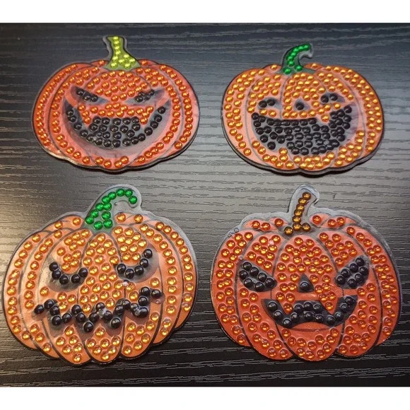 Set Of 4 Diamond Painted Halloween Jack O' Lantern‎ Magnets