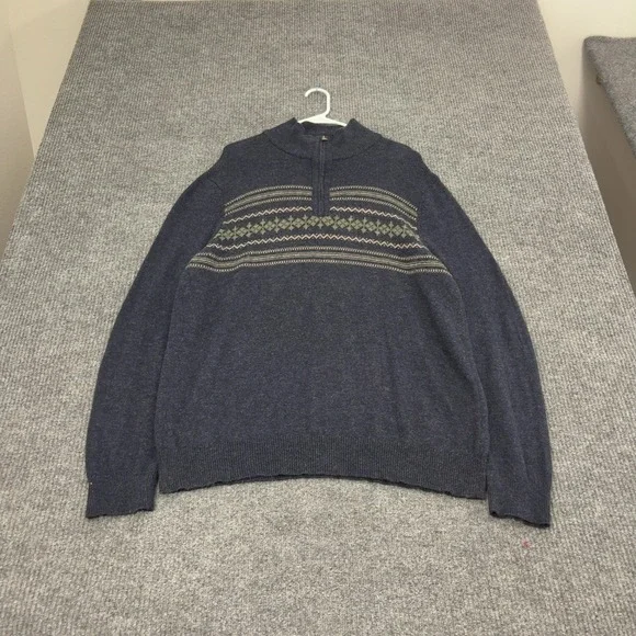 Banana Republic Sweater Men XL Blue Cotton Blend Fair Isle Quarter Zip Mock Neck