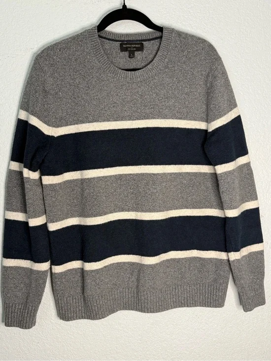Banana Republic Gray, Navy & Cream Striped Crewneck Sweater - Men's