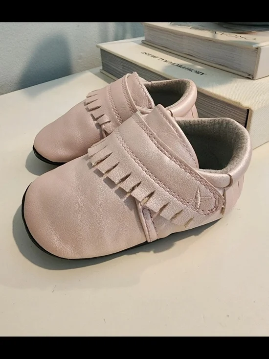 Toddler Pink Fringe Moccasins with Hook-and-Loop Strap