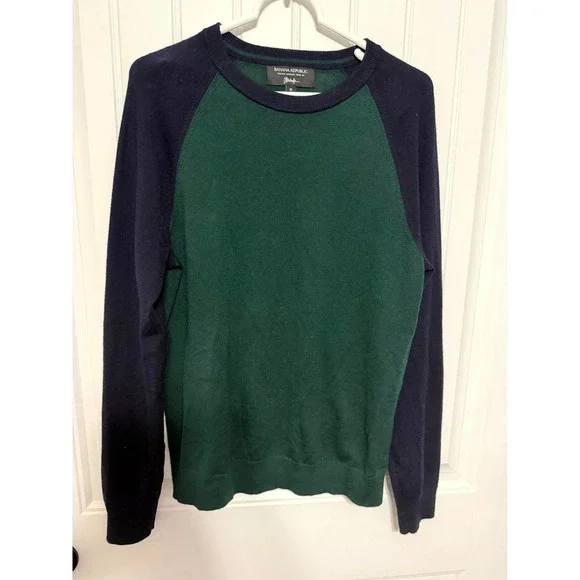 Banana Republic Sweater Mens M Merino Wool Colorblock Raglan Green Navy EUC