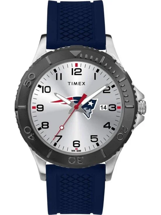 Mens Silver Blue Rubber Band Analog NFL Gamer New England Patriot Luminant Watch