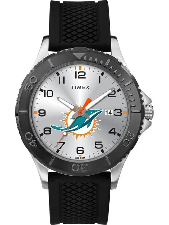 Men's Silver Black Rubber Band Analog NFL Gamer Miami Dolphins Luminant Watch