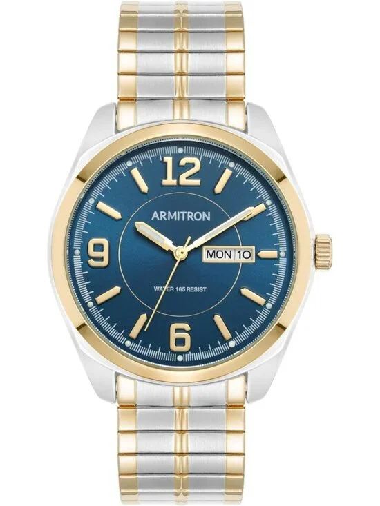 Mens Silver Blue Dial Analog Quartz Expansion Band Day-Date Function Round Watch