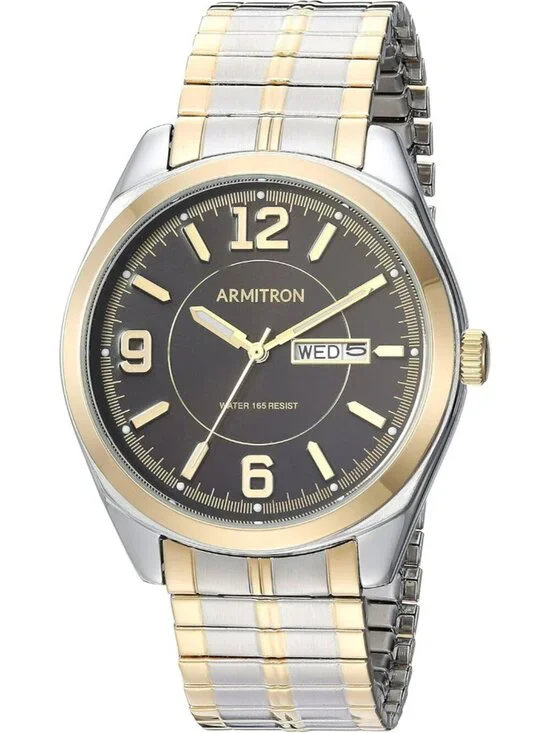 Men Silver Black Dial Analog Quartz Expansion Band Day-Date Function Round Watch