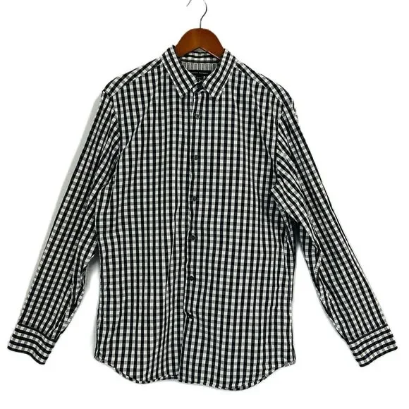 Banana Republic Shirt Men M 15-15 1/2 Black White Plaid Button Down Casual Prepy