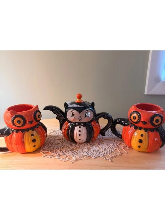 Johanna Parker Ceramic Owl and Bat Pumpkin Teapot and Mugs Set