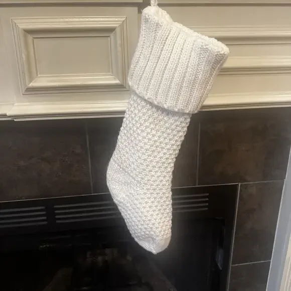 Shabby Chic Christmas Stocking White Chunky Knit Farmhouse Cottage Classic Lined