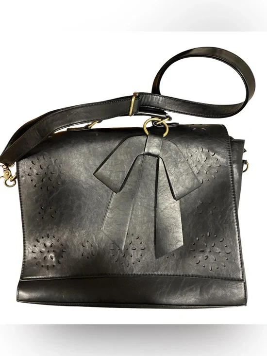 Ecosusi Black Lattice Leather Shoulder Bag With Bow Accent NWOT Padded Handbag