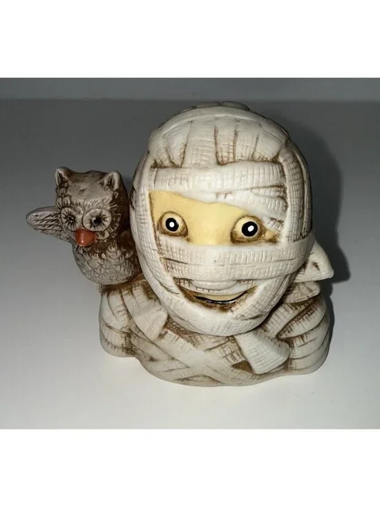 VINTAGE Halloween Ceramic Mummy Tealight Candle Holder Owl Googly Eyes Spooky 3