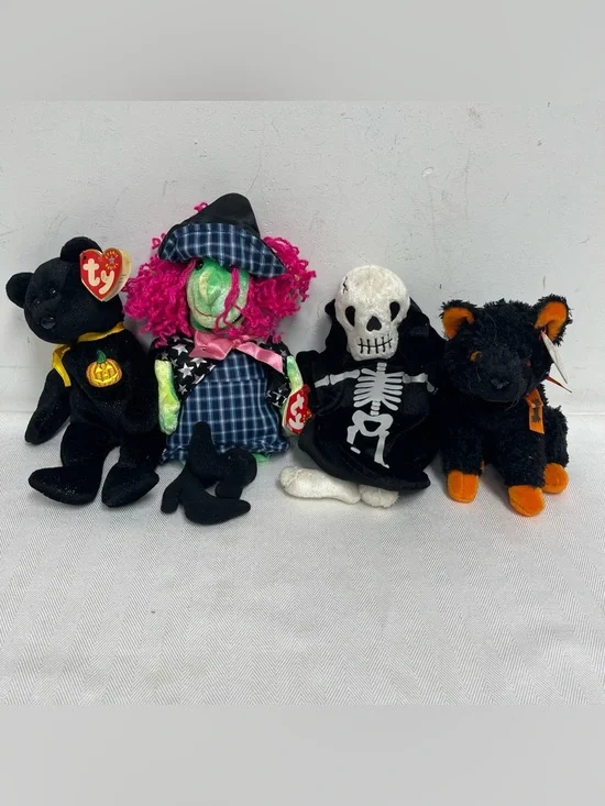 Ty Beanie Babies Halloween plush lot cat skeleton pumpkin bear Witch