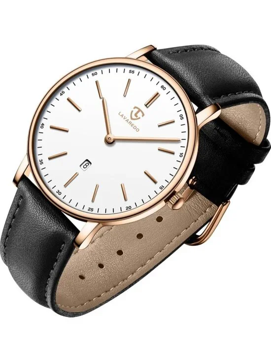 Men White Dial Black Leather Strap Analog Minimalist Fashion Simple Wrist Watch