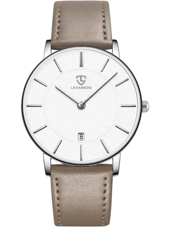 Mens White Dial Beige Leather Strap Analog Minimalist Fashion Simple Wrist Watch