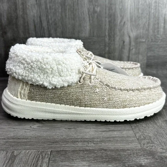 Hey Dude Wendy Fold Y Brushed Cozy Kids J2 Ivory Sherpa Moccasin NEW