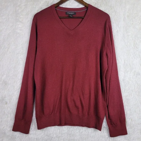 Banana Republic Mens Luxury Blend V-Neck Sweater Burgundy Silk Cashmere Large