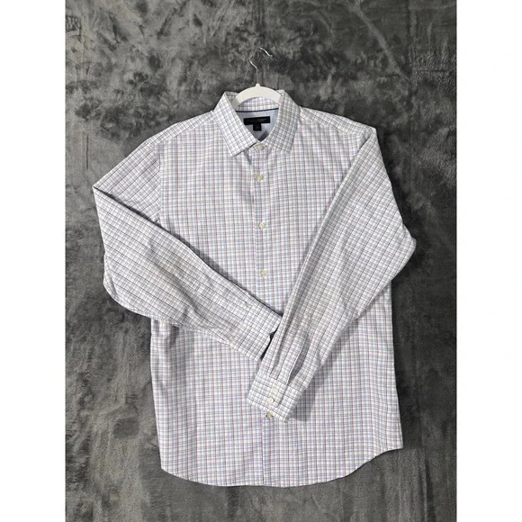 Banana Republic Mens Non-Iron Slim Fit Plaid Dress Shirt Blue Burgundy 16-16.5 L