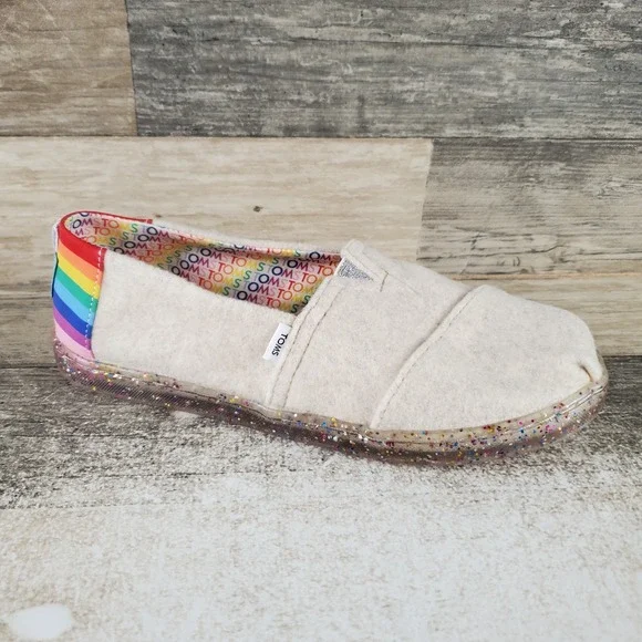 Toms Aclass Esp Kids Loafer Sz 3 Multi Rainbow Heel & Glittery Sole Slip On Flat