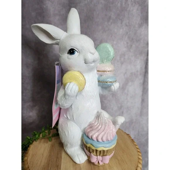 Easter Bunny Rabbit With Cupcake Macarons Cookies Figurine Figure 9.5