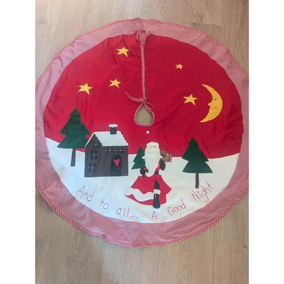 VTG Christmas Tree Skirt Felt Patchwork Applique Gingham Trim  Santa Claus 48'