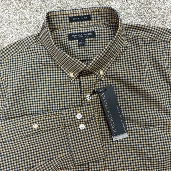 NEW Banana Republic Button Down Shirt Mens Large Tech Stretch Gingham Slim Flex