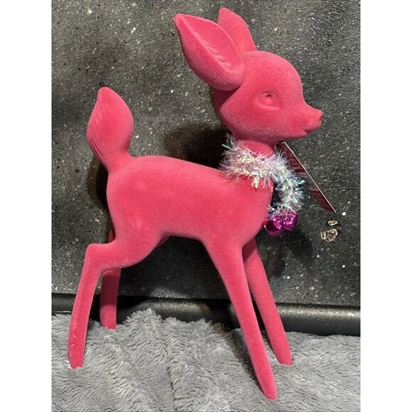 NWT Ashland Pink Flocked Tabletop Deer Christmas Holiday 11.5” Velvet Soft Decor