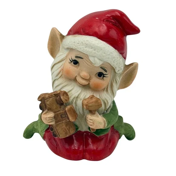 Vtg Homco Christmas Elf‎ Pixie Figurine 5406 Ceramic Toymaker with Train 4 Inch