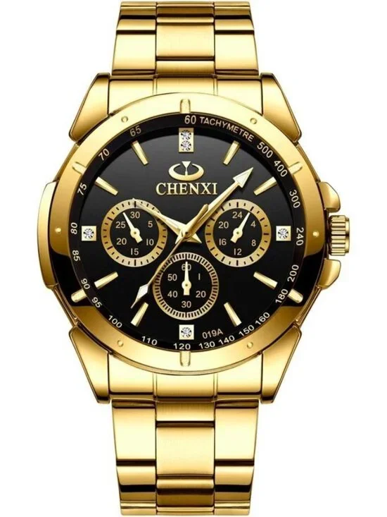 Men's Black Analog Quartz Gold Stainless Steel Crystals Classic Wrist Watch