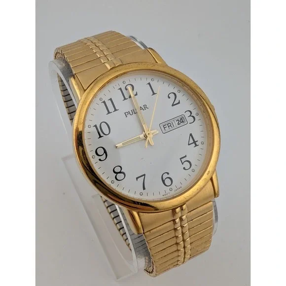 Vtg‎ Pulsar Watch Men 35mm Case Gold Stretch Band VX33-X079 New Battery