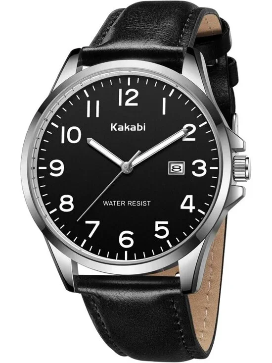 Men's Black Leather Strap Analog Quartz Waterproof Minimalist Round Wrist Watch